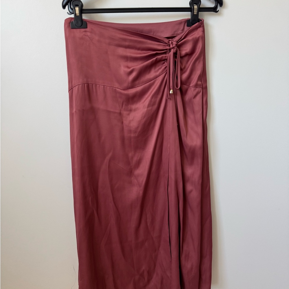 Zara Ruched Drawstring Satin Maxi Skirt in Rosewood